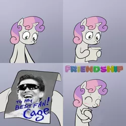 Size: 960x960 | Tagged: safe, derpibooru import, sweetie belle, pony, autograph, exploitable meme, hug, johnny cage, meme, mortal kombat, obligatory pony, solo, sweetie hugs a note, sweetie's note meme