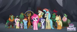 Size: 2048x858 | Tagged: anthro, applejack, boyle, capper dapperpaws, captain celaeno, classical hippogriff, derpibooru import, dragon, edit, edited screencap, fluttershy, hippogriff, lix spittle, mullet (character), murdock, my little pony logo, my little pony: the movie, parrot pirates, pinkie pie, pirate, princess skystar, rainbow, rainbow dash, rarity, safe, screencap, spike