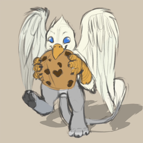 Size: 800x800 | Tagged: safe, artist:zempy3, derpibooru import, oc, oc:der, unofficial characters only, gryphon, cookie, food, micro, solo, that griffon sure "der"s love cookies