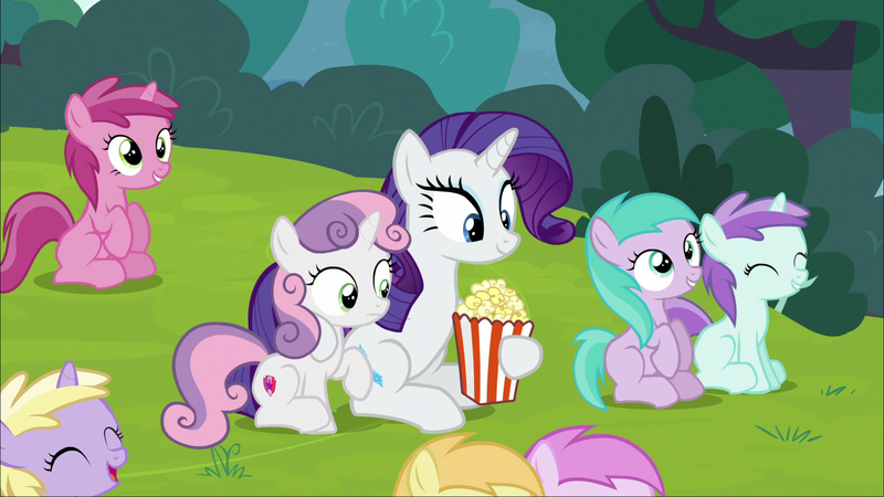 Size: 1920x1080 | Tagged: safe, derpibooru import, screencap, aura (character), dinky hooves, liza doolots, noi, petunia, piña colada, rarity, ruby pinch, sweetie belle, tootsie flute, pony, forever filly, food, popcorn, rarity looking at food