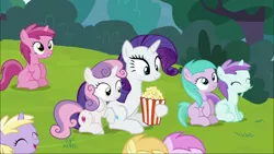 Size: 1920x1080 | Tagged: safe, derpibooru import, screencap, aura (character), dinky hooves, liza doolots, noi, petunia, piña colada, rarity, ruby pinch, sweetie belle, tootsie flute, pony, forever filly, food, popcorn, rarity looking at food