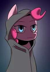 Size: 500x725 | Tagged: artist needed, safe, derpibooru import, pinkie pie, earth pony, pony, clothes, gradient background, hood, hoodie, no catchlights, solo, when she doesn't smile