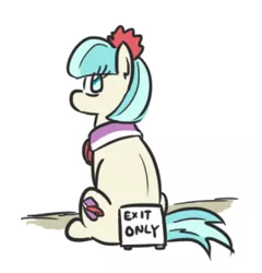 Size: 473x492 | Tagged: suggestive, artist:jargon scott, derpibooru import, coco pommel, earth pony, pony, butt, coco isn't an anal slut, denied, exit only, female, looking at you, looking back, lowres, mare, plot, sign, sitting, solo, solo female, text