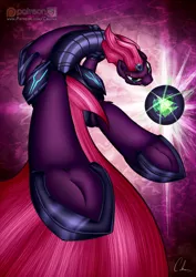 Size: 905x1280 | Tagged: safe, artist:calena, derpibooru import, tempest shadow, pony, my little pony: the movie, abstract background, armor, bomb, broken horn, frog (hoof), horn, patreon, patreon logo, solo, underhoof, weapon