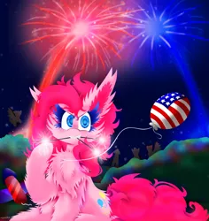 Size: 1024x1085 | Tagged: safe, artist:vanillaswirl6, derpibooru import, pinkie pie, pony, 4th of july, >:), american independence day, background pony, balloon, cheek fluff, chest fluff, colored eyelashes, colored pupils, cute, ear fluff, female, fireworks, fluffy, grass, grin, holiday, hoof fluff, hoof hold, impossibly large chest fluff, independence day, looking at you, mare, messy mane, mouth hold, night, photoshop, ponk, raised hoof, sharp teeth, sitting, smiling, smirk, solo focus, sparklers, sparkles, teeth, united states