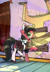 Size: 1280x1810 | Tagged: safe, artist:pencils, derpibooru import, oc, oc:macdolia, unofficial characters only, earth pony, pony, comic:anon's pie adventure, clothes, colored pupils, comic, cropped, cute, dock, female, french maid, hammer, looking back, maid, maid headdress, mare, mouth hold, pigtails, property damage, raised hoof, shoes, socks, stockings, thigh highs, twintails