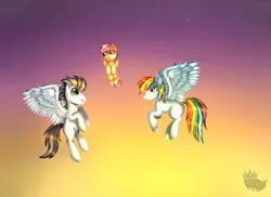 Size: 2879x2091 | Tagged: safe, artist:blinkingpink, derpibooru import, rainbow dash, scootaloo, soarin', pony, flight, scootaloo can fly, sunset