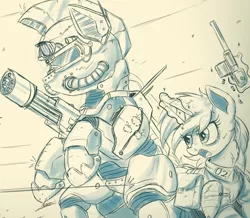 Size: 2000x1743 | Tagged: safe, artist:ncmares, derpibooru import, oc, oc:littlepip, oc:steelhooves, unofficial characters only, earth pony, pony, unicorn, fallout equestria, fanfic, applejack's rangers, armor, bag, clothes, commission, duo, fanfic art, female, glowing horn, gun, handgun, hooves, horn, levitation, little macintosh, machine gun, magic, male, mare, monochrome, neck fluff, open mouth, optical sight, power armor, revolver, saddle bag, sketch, stallion, steel ranger, telekinesis, vault suit, weapon