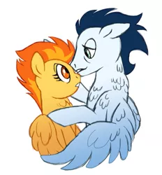 Size: 635x684 | Tagged: safe, artist:sinjaaussiaangels, derpibooru import, soarin', spitfire, pony, female, floppy ears, male, shipping, simple background, soarinfire, straight