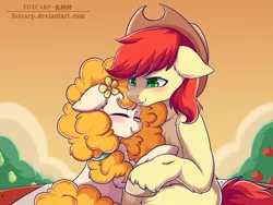 Size: 1024x768 | Tagged: safe, artist:foxcarp, derpibooru import, bright mac, pear butter, pony, the perfect pear, applejack's parents, blushing, brightbutter, female, flower, flower in hair, hug, husband and wife, male, shipping, straight