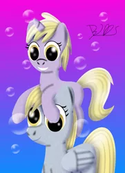 Size: 1449x2000 | Tagged: safe, artist:trackheadtherobopony, derpibooru import, derpy hooves, dinky hooves, pegasus, pony, unicorn, bubble, cute, dinkabetes, equestria's best mother, female, filly, mare, mother and child, mother and daughter, pony hat