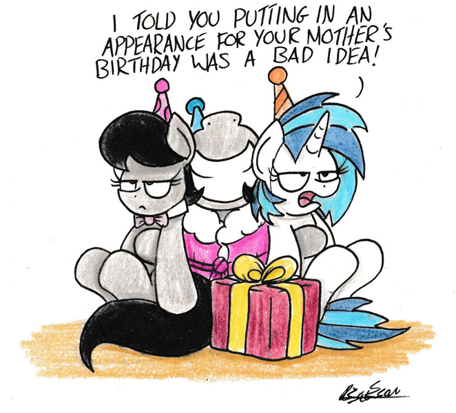 Size: 1617x1466 | Tagged: safe, artist:bobthedalek, derpibooru import, octavia melody, vinyl scratch, oc, oc:mixed melody, oc:octavia's mother, pony, bathrobe, big grin, birthday, clothes, grin, hat, hug, octavia is not amused, party hat, present, robe, smiling, traditional art, unamused