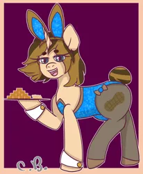 Size: 2296x2784 | Tagged: suggestive, artist:cottonbreeze, derpibooru import, oc, oc:stuffy, unofficial characters only, pony, unicorn, bunny suit, cheese, clothes, crackers, cufflinks, cuffs (clothes), food, futa, intersex, outfit, plate, playboy bunny, tail bun, tray