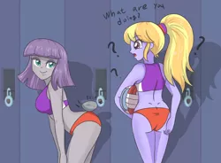 Size: 5787x4251 | Tagged: suggestive, artist:sumin6301, derpibooru import, boulder (pet), cloudy kicks, maud pie, equestria girls, absurd resolution, ass, balancing, breasts, busty maud pie, butt, butt scratch, clothes, ponytail, question mark, rear view, sideboob, smiling, smirk, sports bra, sports panties, the ass was fat, trio, when she smiles