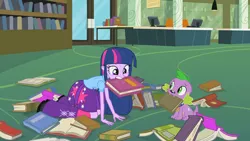 Size: 1920x1080 | Tagged: safe, derpibooru import, screencap, spike, twilight sparkle, dog, equestria girls, equestria girls (movie), all fours, book, humans doing horse things, library, mouth hold, spike the dog