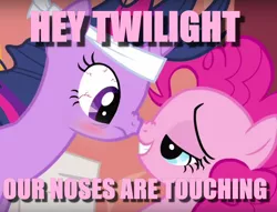 Size: 856x654 | Tagged: safe, derpibooru import, edit, edited screencap, screencap, pinkie pie, twilight sparkle, pony, it's about time, blushing, boop, caption, image macro, lidded eyes, meme, noseboop, pink text, text