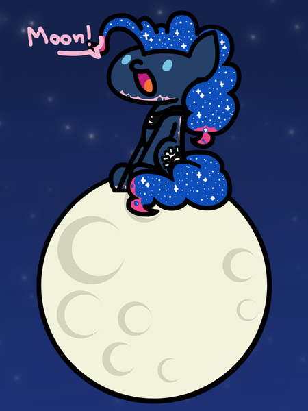 Size: 1350x1800 | Tagged: safe, artist:flutterluv, derpibooru import, pinkie pie, princess luna, earth pony, pony, series:flutterluv's full moon, disguise, full moon, impersonating, moon, paint, sitting, smiling, solo, tangible heavenly object