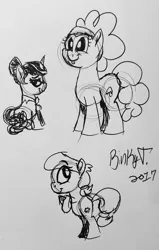 Size: 1830x2870 | Tagged: safe, artist:binkyt11, derpibooru import, bella brella, lily longsocks, nosey news, pony, monochrome, quill (character), rearing, signature, traditional art