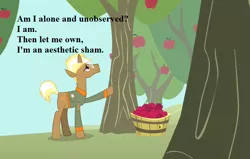 Size: 751x478 | Tagged: safe, derpibooru import, edit, edited screencap, screencap, trenderhoof, simple ways, apple, apple tree, cropped, gilbert and sullivan, lyrics, patience (opera), recitative lyrics, song reference, sweet apple acres, text, tree