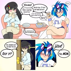 Size: 2169x2163 | Tagged: suggestive, artist:blackbewhite2k7, derpibooru import, octavia melody, vinyl scratch, human, comic:vinyl's new groove, blushing, breakfast, breasts, clothes, comic, commission, dialogue, embarrassed, female, furniture, gloating, humanized, innuendo, lesbian, panties, pills, salty, scratchtavia, shipping, underwear
