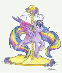 Size: 1487x1750 | Tagged: safe, artist:urahana, derpibooru import, twilight sparkle, twilight sparkle (alicorn), alicorn, pony, carousel, rainbow power, solo, traditional art