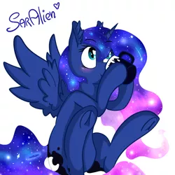 Size: 2000x2000 | Tagged: safe, artist:saralien, derpibooru import, princess luna, alicorn, pony, blushing, coffee, cute, ear fluff, ethereal mane, female, frog (hoof), galaxy mane, hoof hold, mare, simple background, solo, spread wings, underhoof, white background, wings