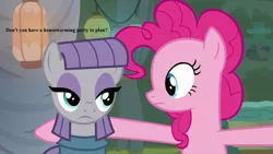 Size: 1280x720 | Tagged: derpibooru import, edit, edited screencap, maud pie, maud's cave, pinkie pie, rock solid friendship, safe, screencap, text