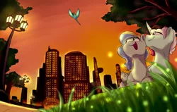 Size: 1700x1080 | Tagged: safe, artist:phuocthiencreation, derpibooru import, oc, oc:honey melon, oc:jack o'trades, unofficial characters only, bird, parrot, pony, building, city, commission, couple, gay, indian ringneck, lamppost, looking up, male, oc x oc, open mouth, scenery, shipping, smiling, stallion