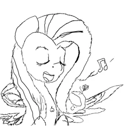 Size: 1024x1024 | Tagged: safe, artist:chikiz65, artist:poshox, derpibooru import, fluttershy, pegasus, pony, :), eyes closed, female, great drawing, mane, mare, music notes, open mouth, plagiarism, practice, shitposting, singing, smiling, solo, spread wings, wings
