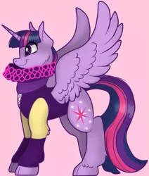 Size: 691x814 | Tagged: safe, artist:69beas, derpibooru import, twilight sparkle, twilight sparkle (alicorn), alicorn, pony, clothes, collar, digital art, dress, elizabethan, female, mare, purple, ruff (clothing), simple background, smiling, solo, spread wings, unshorn fetlocks, wings