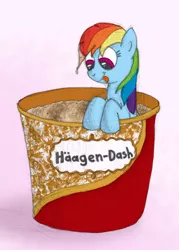 Size: 850x1190 | Tagged: safe, artist:m.w., derpibooru import, rainbow dash, pegasus, pony, food, häagen-dazs, ice cream, looking down, name pun, pun, smiling, tongue out