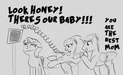 Size: 984x597 | Tagged: safe, artist:cosmonaut, derpibooru import, bow hothoof, rainbow dash, windy whistles, pony, doctor, female, male, monochrome, pregnant, rainbow dash's parents, shipping, straight, ultrasound, windyhoof