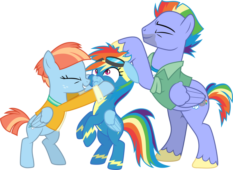 Size: 4108x3001 | Tagged: safe, artist:cloudyglow, derpibooru import, bow hothoof, rainbow dash, windy whistles, pony, parental glideance, absurd resolution, eyes closed, father and child, father and daughter, female, husband and wife, male, mother and child, mother and daughter, noogie, rainbow dash's parents, simple background, transparent background, vector