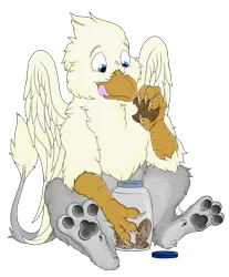 Size: 1000x1205 | Tagged: safe, artist:ruster, derpibooru import, oc, oc:der, unofficial characters only, gryphon, cookie, food, paws, simple background, that griffon sure "der"s love cookies, transparent background, underpaw