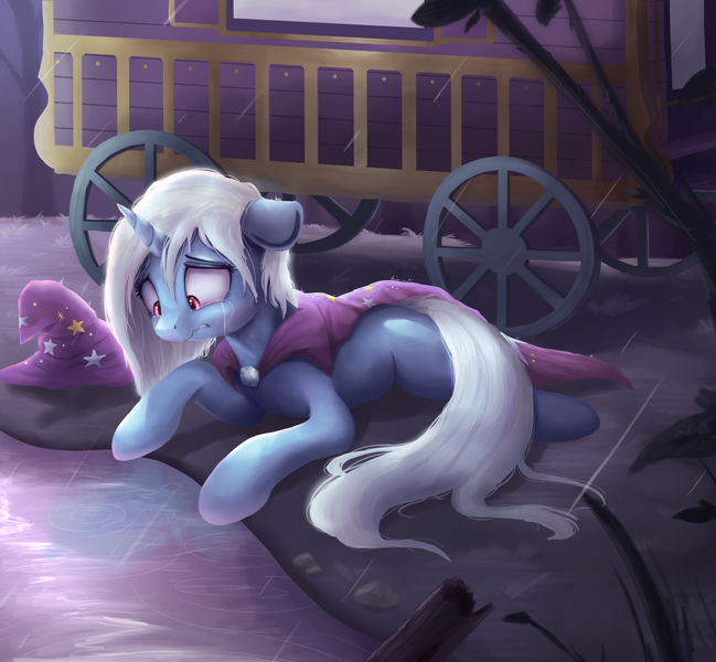 Size: 1500x1387 | Tagged: safe, artist:vanillaghosties, derpibooru import, trixie, pony, unicorn, cape, clothes, crying, female, floppy ears, hat, house of glass, mare, rain, sad, solo, trixie's cape, trixie's hat, trixie's wagon, wagon, wavy mouth