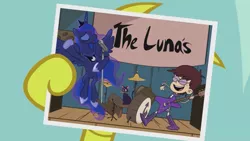 Size: 1366x768 | Tagged: artist:toucanldm, crossover, derpibooru import, discord, exploitable meme, human, luna loud, luna (sailor moon), make it happen, meme, namesake, princess luna, pun, rock band, safe, sailor moon, sailor moon meets my little pony, the loud house