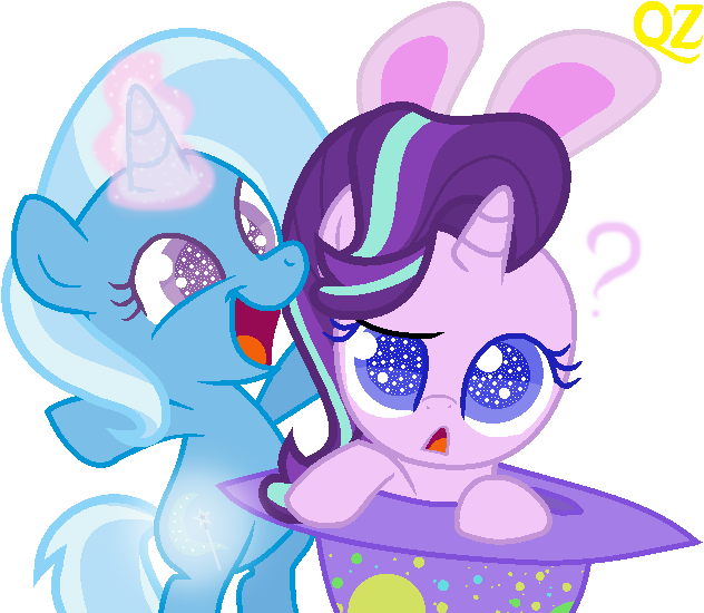 Size: 632x550 | Tagged: safe, artist:alexa1alexa, artist:queenzodiac, derpibooru import, starlight glimmer, trixie, pony, unicorn, :<, base used, bipedal, bunny ears, clothes, colored pupils, confused, cute, cutie mark, diatrixes, duo, female, filly, filly starlight glimmer, filly trixie, glimmerbetes, glowing horn, happy, hat, horn, magic, open mouth, question mark, raised eyebrow, simple background, smiling, starry eyes, time paradox, transparent background, trixie's hat, wingding eyes, younger