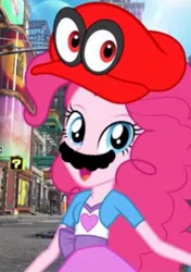 Size: 721x1024 | Tagged: safe, artist:mariopiequevedod, derpibooru import, pinkie pie, equestria girls, cappy (mario), crossover, female, image, jpeg, mario, new donk city, solo, super mario bros., super mario odyssey