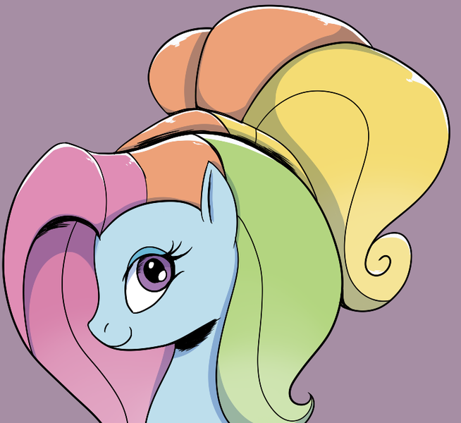 Size: 734x673 | Tagged: safe, artist:sparkiss-pony, derpibooru import, rainbow dash (g3), pony, g3, g3.5, g3.5 to g4, generation leap, lidded eyes, looking at you, ponytail, simple background, solo