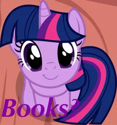Size: 1151x1229 | Tagged: safe, artist:badumsquish, derpibooru import, edit, part of a set, twilight sparkle, unicorn, badumsquish's kitties, book, bookhorse, bronybait, cute, female, happy, looking at you, meme, purple, purple text, sitting, smiling, solo, text, that pony sure does love books, twiabetes