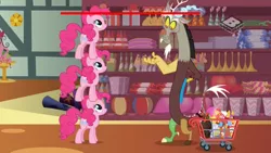 Size: 2560x1440 | Tagged: boomerang (tv channel), comparison, derpibooru import, discord, discordant harmony, edit, edited screencap, height difference, multeity, pinkie pie, safe, screencap, shopping, shopping cart, stack, stacking