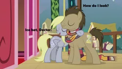 Size: 1280x720 | Tagged: cute, derpabetes, derpibooru import, derpy hooves, doctorbetes, doctor who, doctor whooves, edit, edited screencap, paradise towers (story), safe, screencap, slice of life (episode), text, time turner, tom baker's scarf, town hall