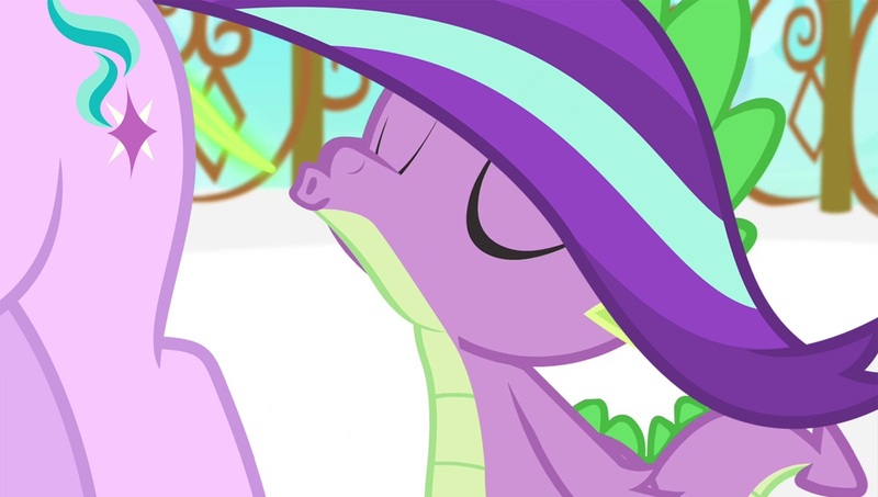 Size: 1200x680 | Tagged: suggestive, derpibooru import, edit, edited screencap, screencap, spike, starlight glimmer, dragon, pony, equestria games (episode), blowing, blowing a kiss, butt, eyes closed, female, fire, fire breath, from behind, male, mare, ouch, plot, shipping, sparlight, straight, this will end in pain, this will end in tears