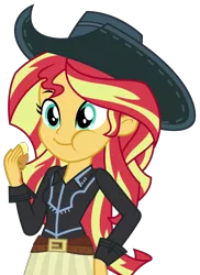 Size: 1500x2059 | Tagged: safe, artist:sketchmcreations, derpibooru import, sunset shimmer, dance magic, equestria girls, spoiler:eqg specials, apple fritter (food), cowboy hat, cowgirl, cute, eating, female, food, hat, shimmerbetes, simple background, solo, southern, stetson, transparent background, vector