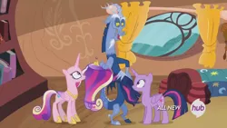 Size: 640x360 | Tagged: alicorn, bald, bedroom, blue flu, derpibooru import, discord, golden oaks library, hair swap, mane swap, princess cadance, safe, screencap, season 4, three's a crowd, twilight sparkle, twilight sparkle (alicorn)