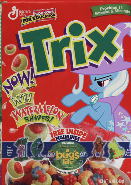 Size: 726x1024 | Tagged: safe, artist:souleataru, derpibooru import, trixie, pony, unicorn, a bug's life, cereal, female, food, mare, pun, rearing, toy, trix