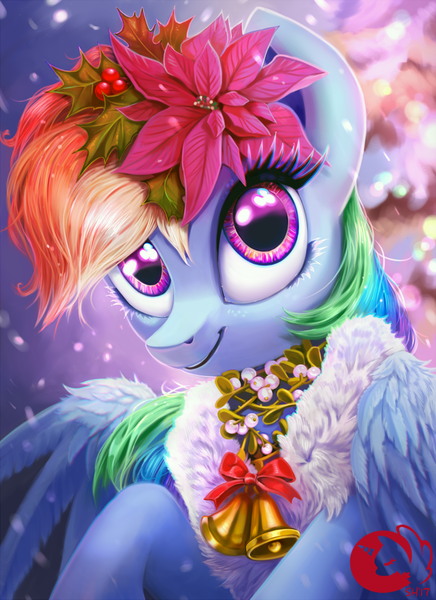 Size: 800x1100 | Tagged: safe, artist:sorcerushorserus, derpibooru import, rainbow dash, pegasus, pony, beautiful, bell, bust, female, flower, flower in hair, hearth's warming eve, holly, mare, mistletoe, poinsettia, portrait, solo