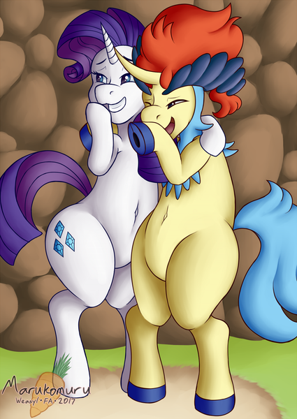 Size: 837x1183 | Tagged: safe, artist:marukomuru, derpibooru import, rarity, keldeo, pony, belly button, bipedal, crossover, duo, grin, keldity, laughing, laughingmares.jpg, open mouth, pokémon, shipping, smiling, underhoof