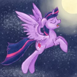 Size: 540x540 | Tagged: safe, artist:midnight-soliloquy, derpibooru import, twilight sparkle, twilight sparkle (alicorn), alicorn, pony, eyes closed, moon, open mouth, solo, stars