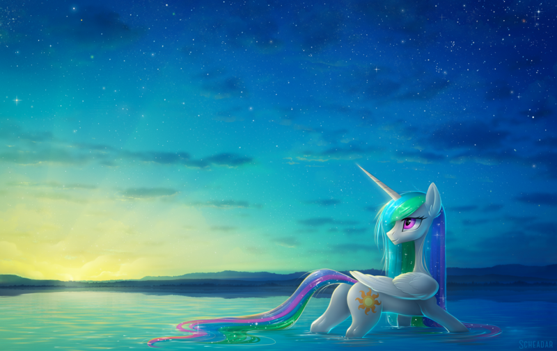 Size: 1900x1200 | Tagged: safe, artist:scheadar, derpibooru import, princess celestia, alicorn, pony, female, lake, looking back, mare, scenery, solo, sunrise, twilight (astronomy), water, wet, wet mane